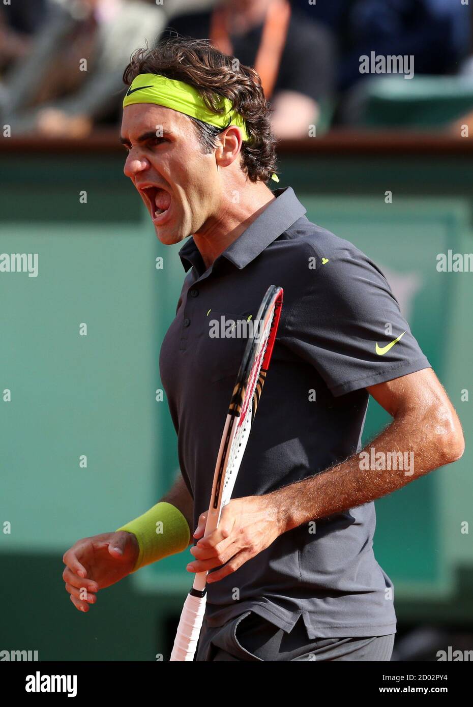 Roger Federer of Switzerland reacts during his men's singles semi-final  match against Novak Djokovic of Serbia at the French Open tennis tournament  at the Roland Garros stadium in Paris June 8, 2012.