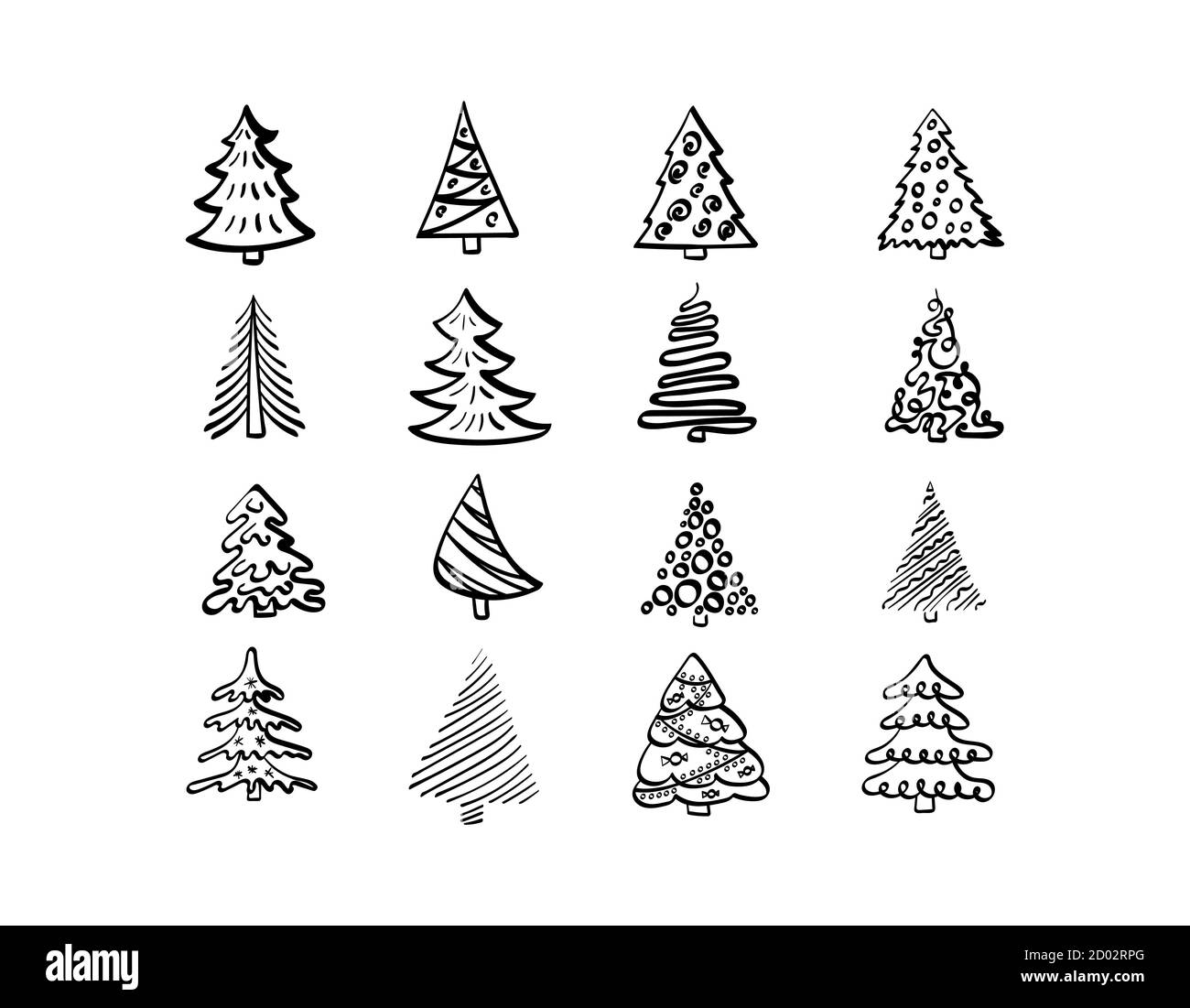 Christmas tree set in doodle style. Simple hand drawn fir collection ...