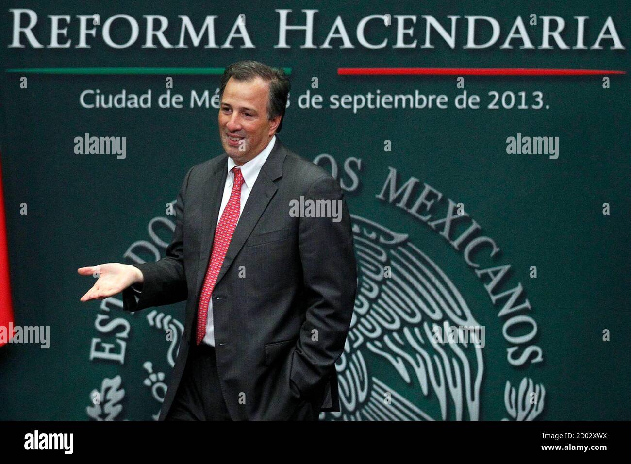 Mexico's Foreign Minister Jose Antonio Meade gestures during the presentation of the fiscal reform at Los Pinos presidential residence in Mexico City, September 8, 2013. Mexico's government unveiled on Sunday a plan to increase taxes on higher income earners and levy a charge on stock market gains but shied away from widening a controversial sales tax amid an economic slowdown. The proposed reform will also include a universal pension, unemployment insurance and other measures to help the poor, who account for nearly half of the population, as well as emergency spending that will force a budge Stock Photo
