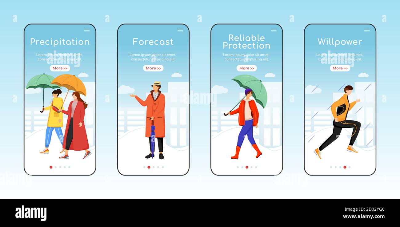 Rainy weather walking onboarding mobile app screen flat vector template