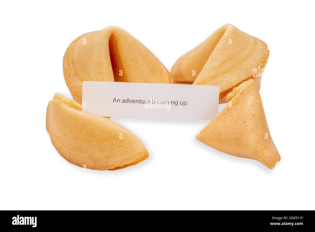 Four fortune cookies with slip adventure prediction isolated on white