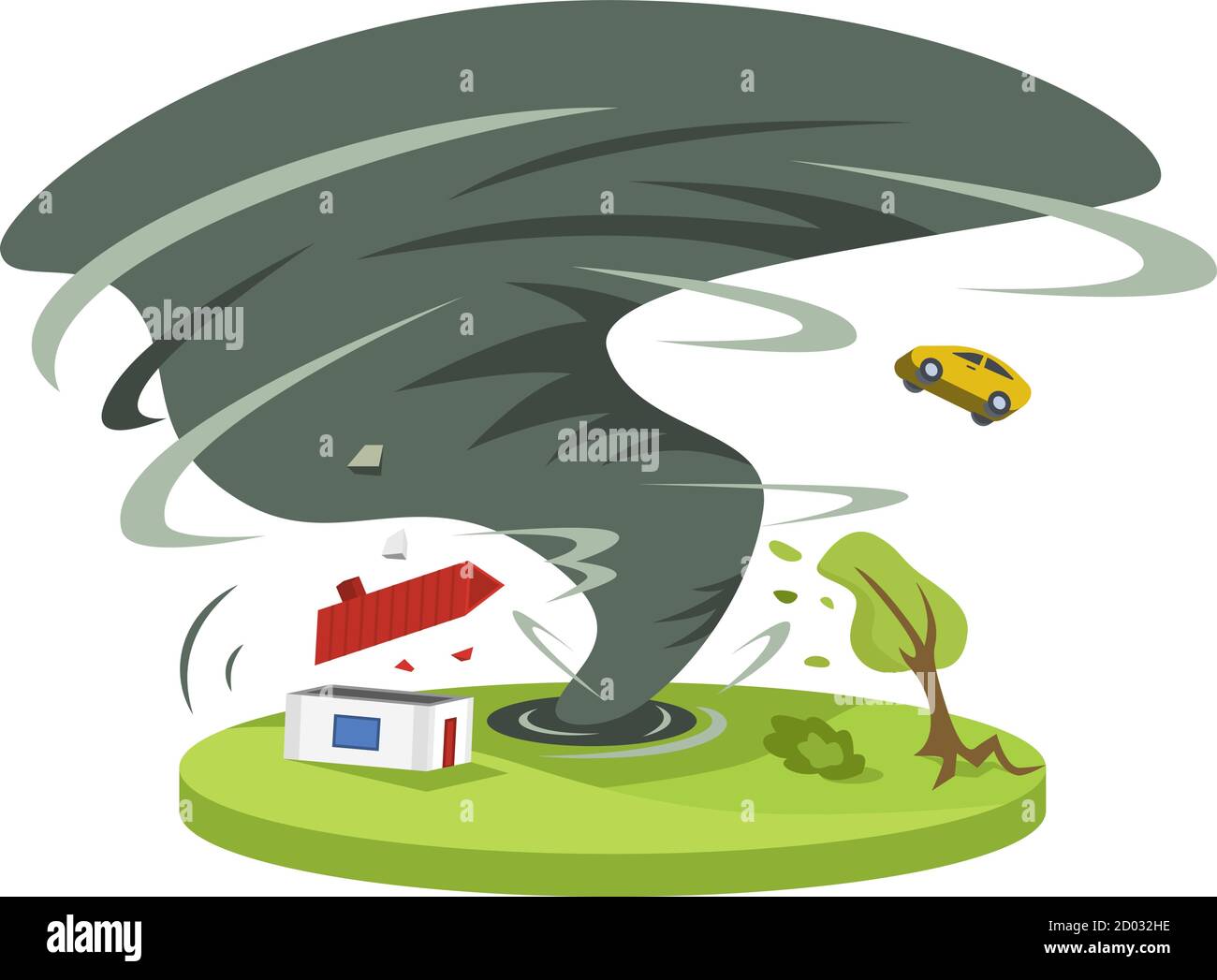 Hurricane in countryside cartoon vector illustration. Tropical cyclone. Thunderstorm. Violent tornado destroying house. Calamity. Destruction. Flat Stock Vector