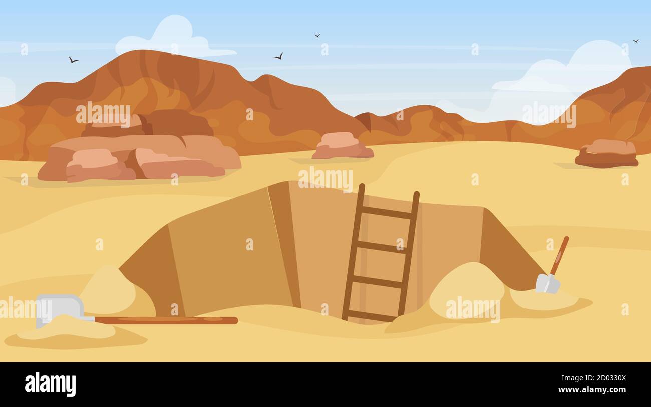 Excavation flat vector illustration. Archaeological site, search for artifacts. Digging with shovels. Egyptian desert exploration. Miner hole in Stock Vector