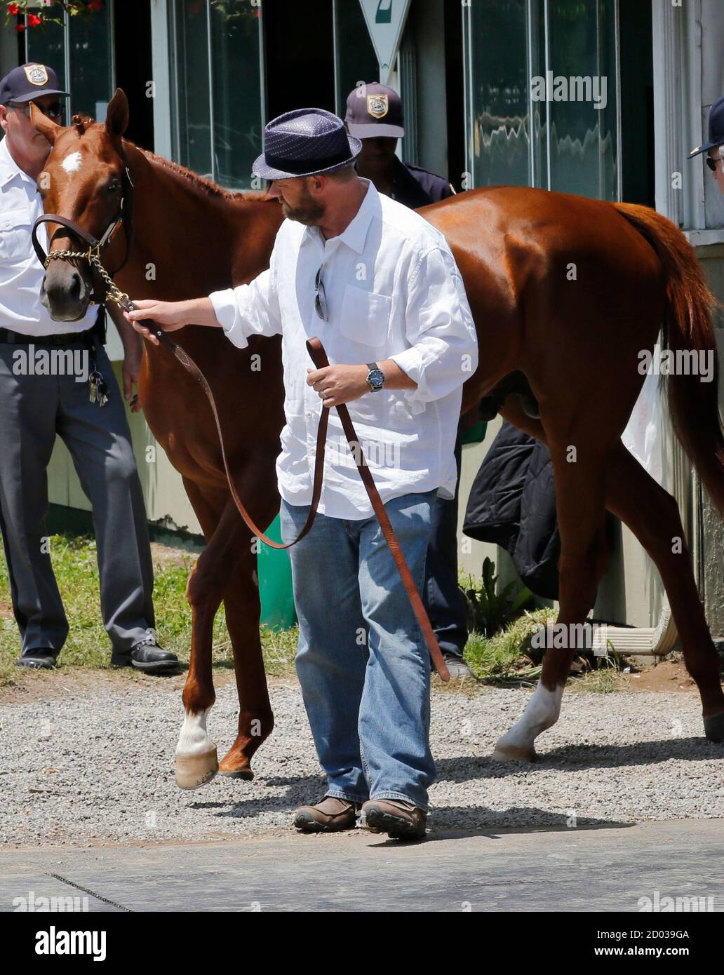 Preakness Stakes And Kentucky Derby Winner I'll Have Another Walks With  Trainer Doug O'neill Outside A Barn Where It Was Announced That The Horse  Would Retire From The June 9 Belmont Stakes