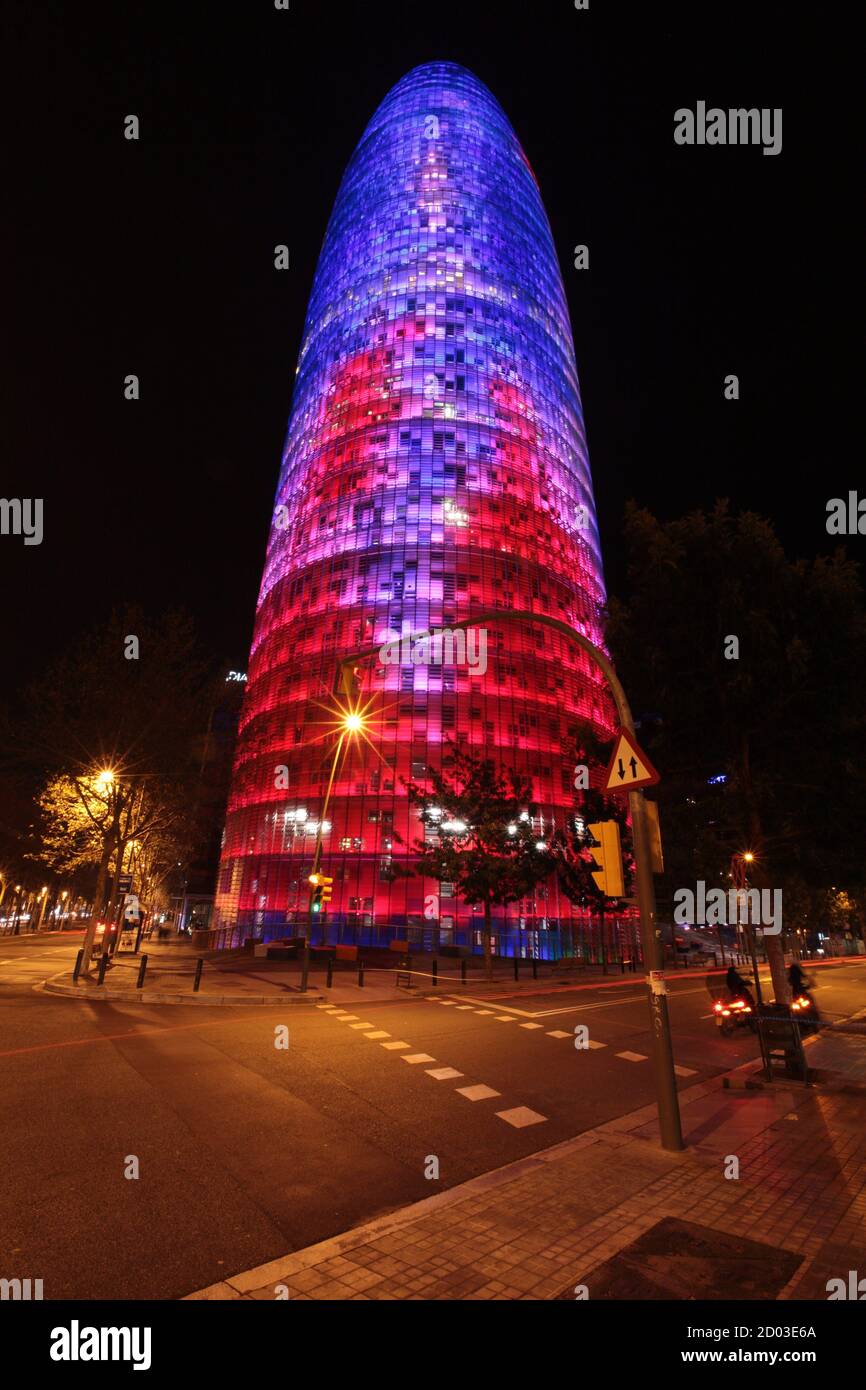 Barcelona, Spain - 24 July 2013: View of Torre Agbar, Glories at night Stock Photo