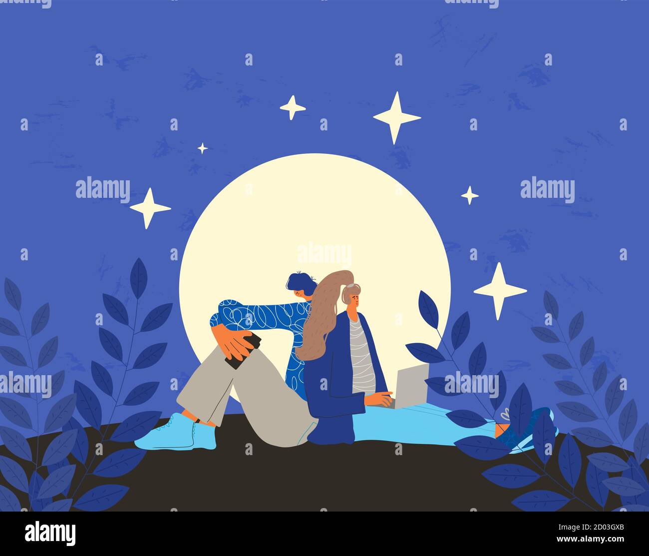 Two friends sitting with their gadjets at night. Social media anxiety. Girl using her computer and boy waiting a phone call. Vector flat illustration. Stock Vector