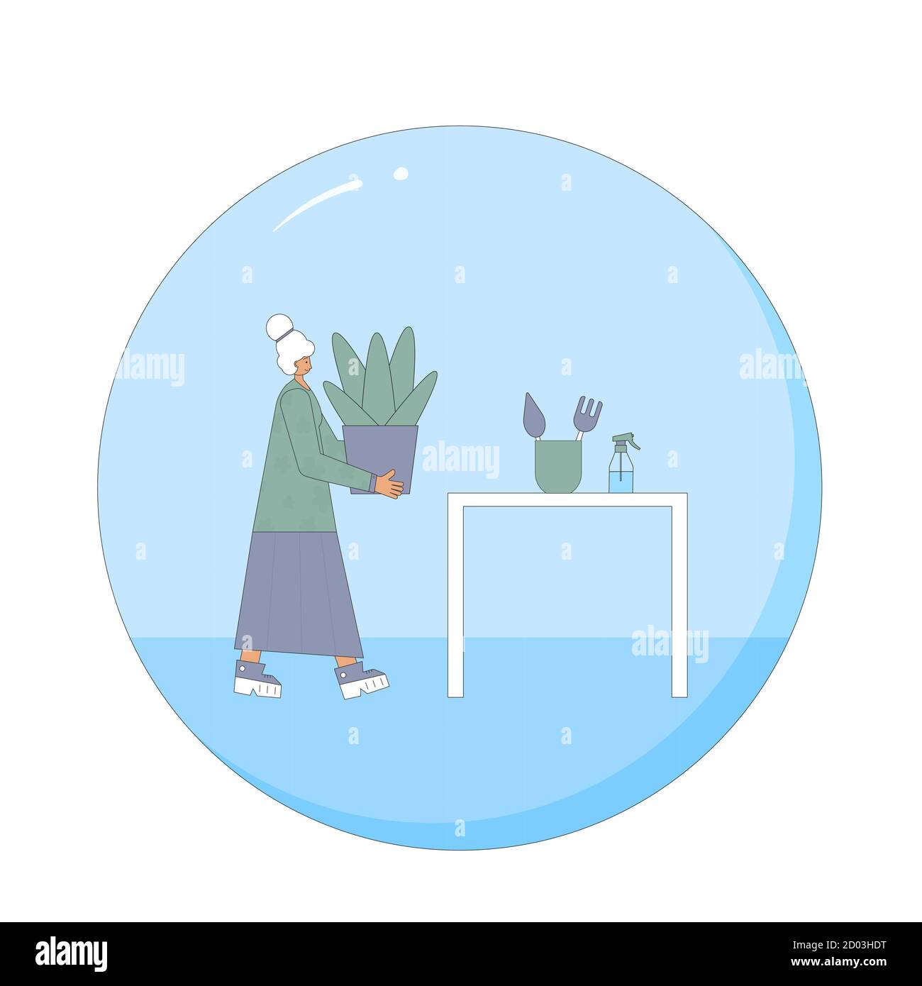 Indoor plants lover. Mature female person wearing in casual clothes holding in hands potted flowers. Senior woman with houseplants. Vector color flat Stock Vector