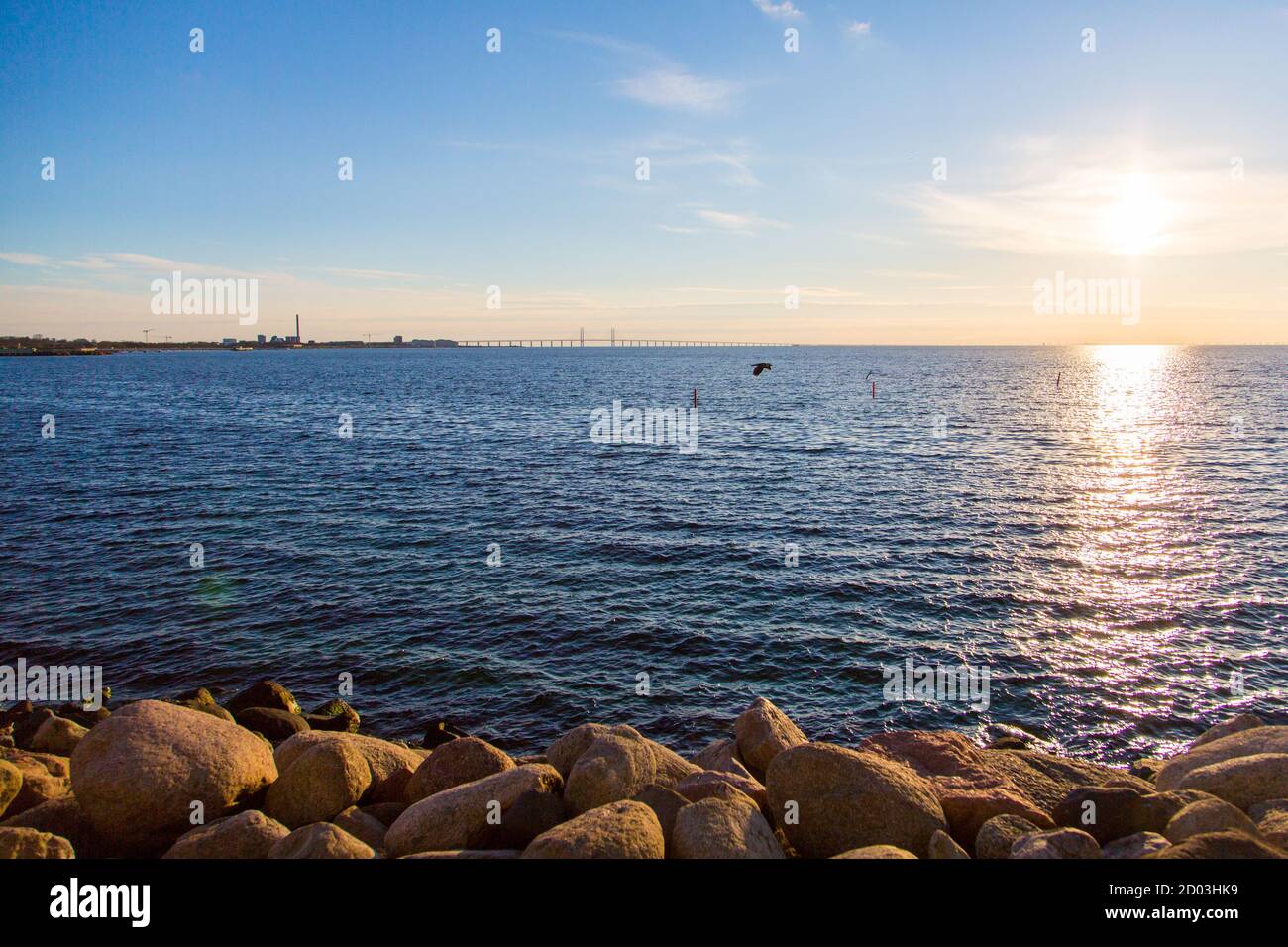 Landscape of the sea with the Oresund bridge-tunnel under the sunlight in Sweden and Denmark Stock Photo