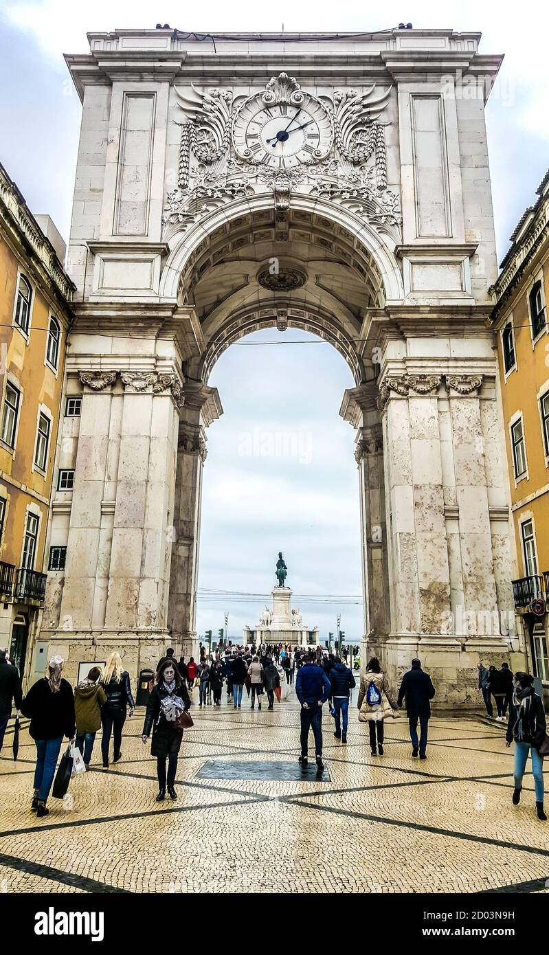 Augusta Street Triumphal Arch in the Commerce Square (Praca do Comercio). Lisbon, Portugal Stock Photo