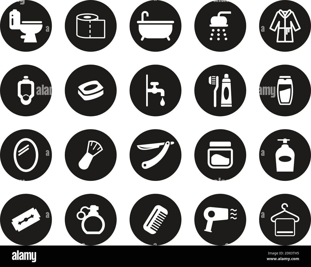 Bathroom Or Shower Icons White On Black Flat Design Circle Set Big ...
