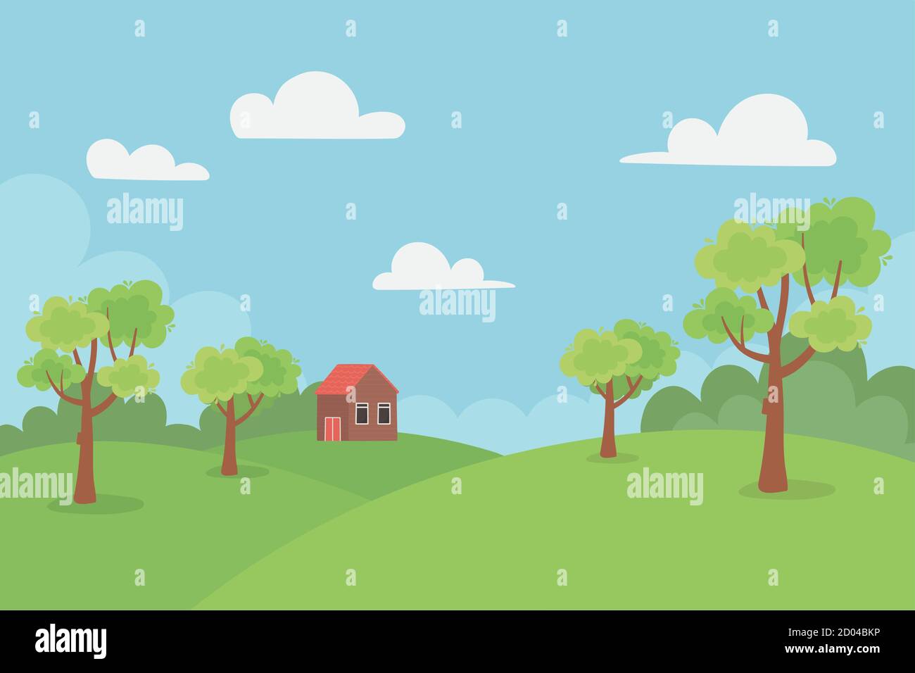 landscape cottage in the hills trees meadow nature sky vector ...