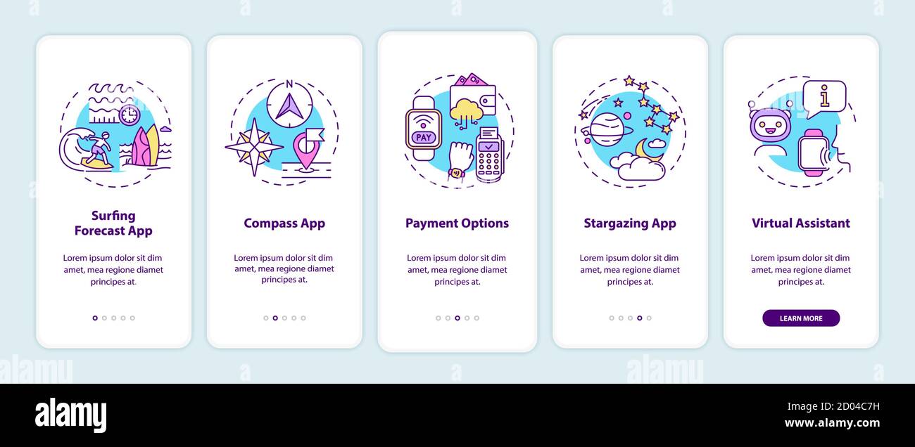 Smart watch elements onboarding mobile app page screen with concepts Stock Vector