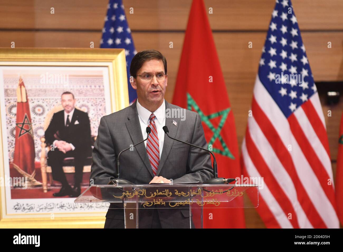 Rabat, Morocco. 2nd Oct, 2020. U.S. Defense Secretary Mark Esper speaks at a press conference with Morocco's Foreign Affairs Minister Nasser Bourita (not in the picture) in Rabat, Morocco, on Oct. 2, 2020. Morocco and the United States on Friday signed a 10-year defense cooperation road map, said diplomatic sources. Credit: Chadi/Xinhua/Alamy Live News Stock Photo