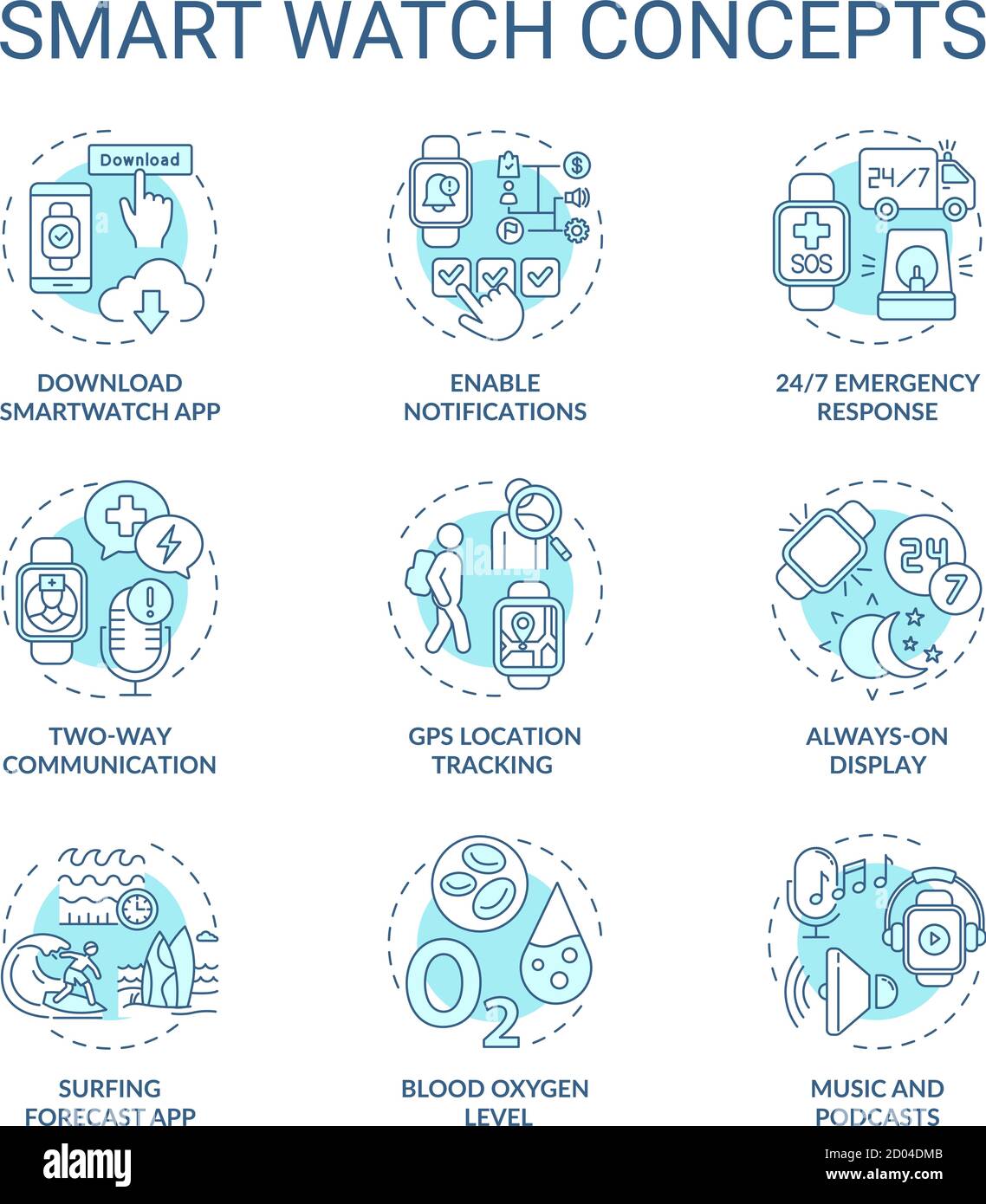 Smart watch concept icons set Stock Vector