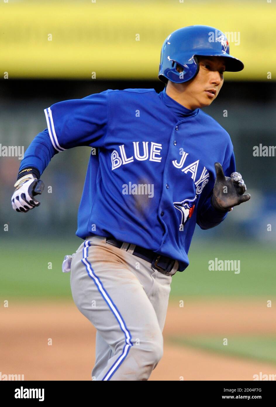 Toronto Blue Jays Munenori Kawasaki Steals Third On A Wild Pitch And Later Scores On Teammate S Jose Bautista Home Run Against The Kansas City Royals In The Sixth Inning Of Their Mlb