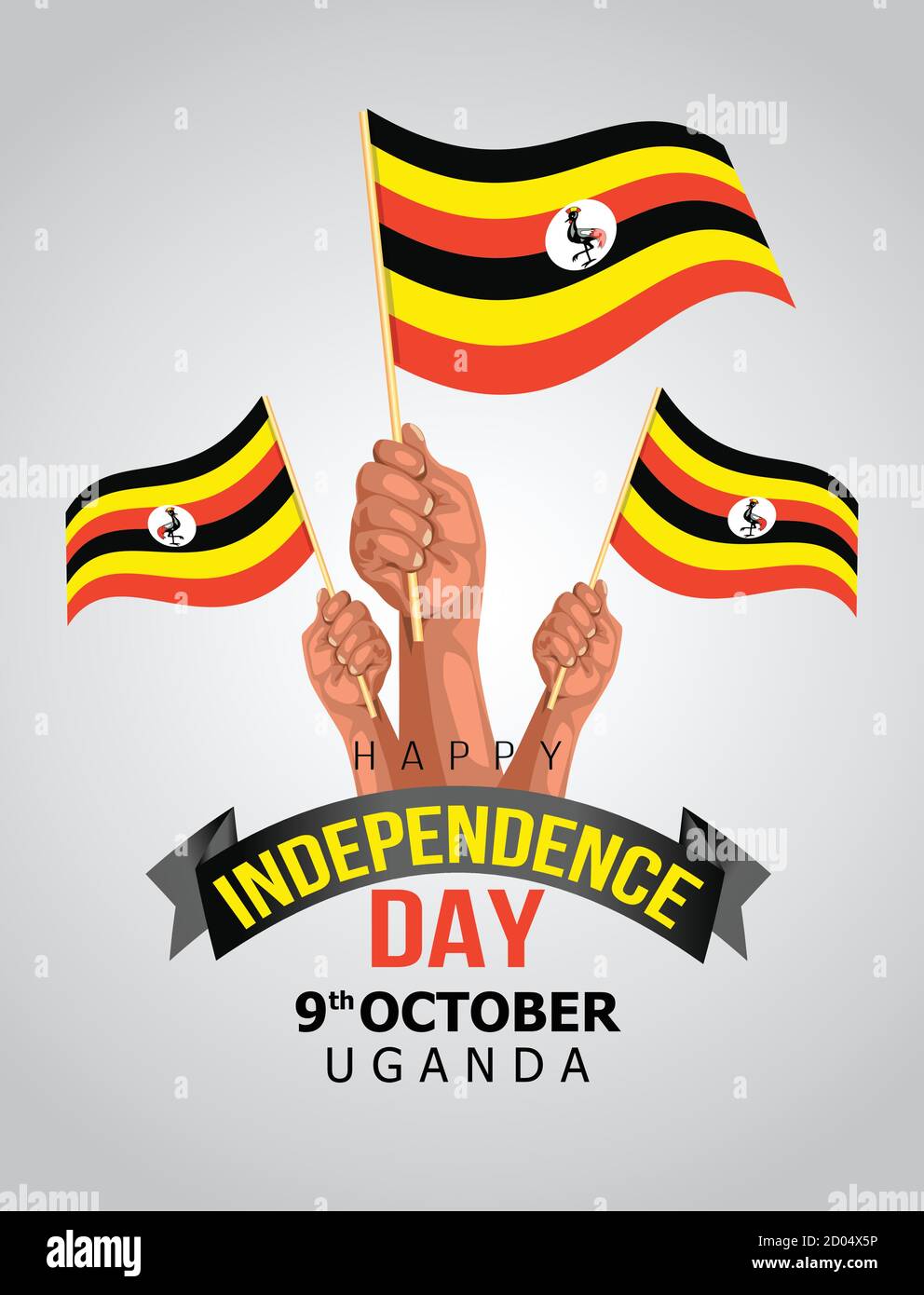 Uganda flag and hand on white background. happy independence day Uganda. vector illustration Stock Vector