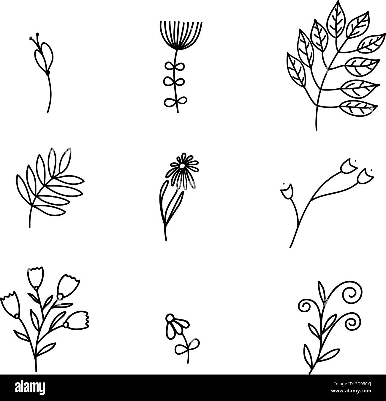 Set of vector sketches and line doodles logo. Hand drawn design elements isolated flowers, leaves, herbs for decoration prints, labels, patterns Stock Vector