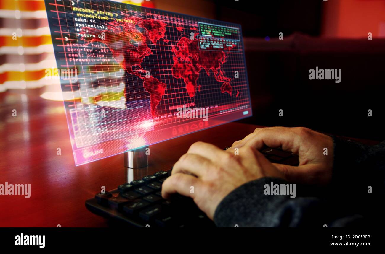 Earth globe map on computer screen. Global business, networking, globalization, connection and cyberspace concept 3d with glitch effect. Man typing ke Stock Photo