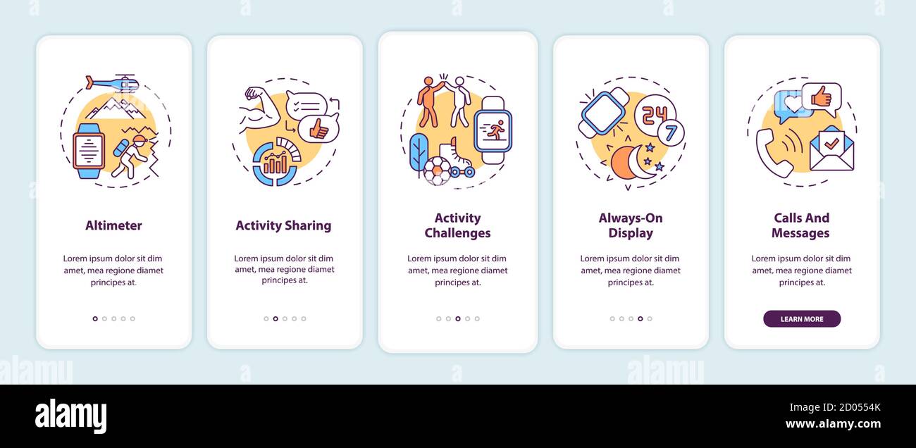 Smart watch features onboarding mobile app page screen with concepts Stock Vector