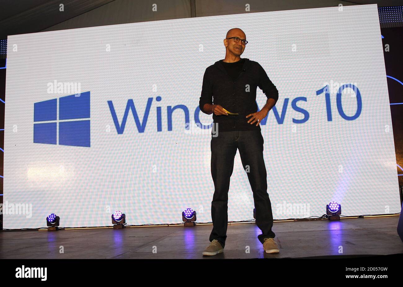 Microsoft CEO Satya Nadella addresses delegates during the launch of the Windows 10 operating system in Kenya's capital Nairobi, July 29, 2015. Microsoft Corp's launch of its first new operating system in almost three years, designed to work across laptops, desktop and smartphones, won mostly positive reviews for its user-friendly and feature-packed interface. REUTERS/Thomas Mukoya Stock Photo