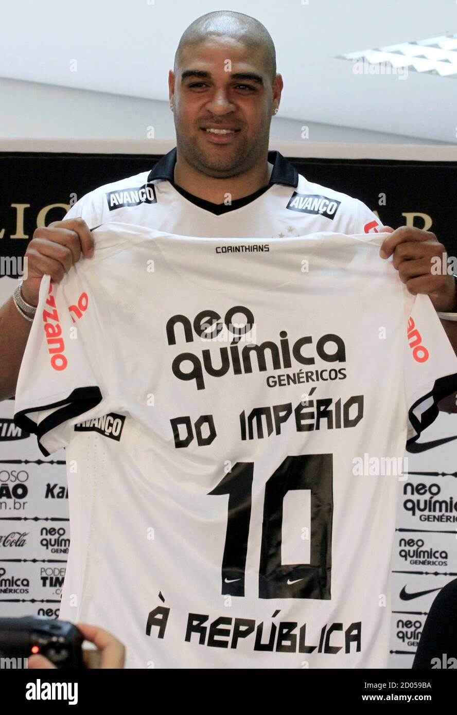 New Corinthians Signing Adriano Holds A Corinthians Jersey During His Presentation In Sao Paulo March 31 2011 Troubled Striker Adriano Has Accepted A Deal With Corinthians Returning To Brazilian Soccer To Try