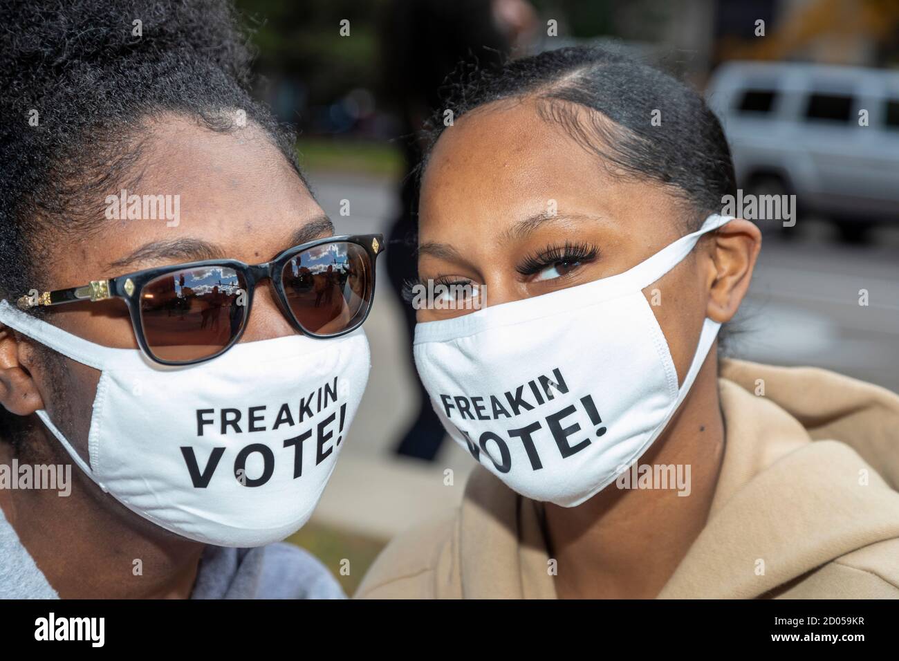 Detroit, Michigan, USA. 2nd Oct, 2020. Voters at a Freakin Vote Friday rally near the city's elections department office. Credit: Jim West/Alamy Live News Stock Photo