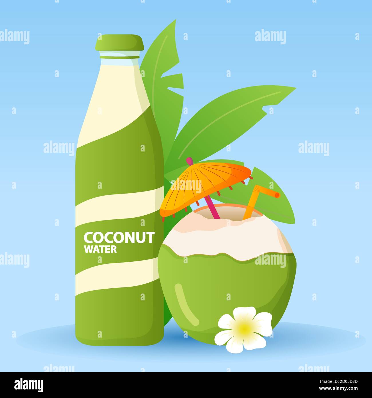 Green coconut water drink glass bottle.Flat vector illustration Stock