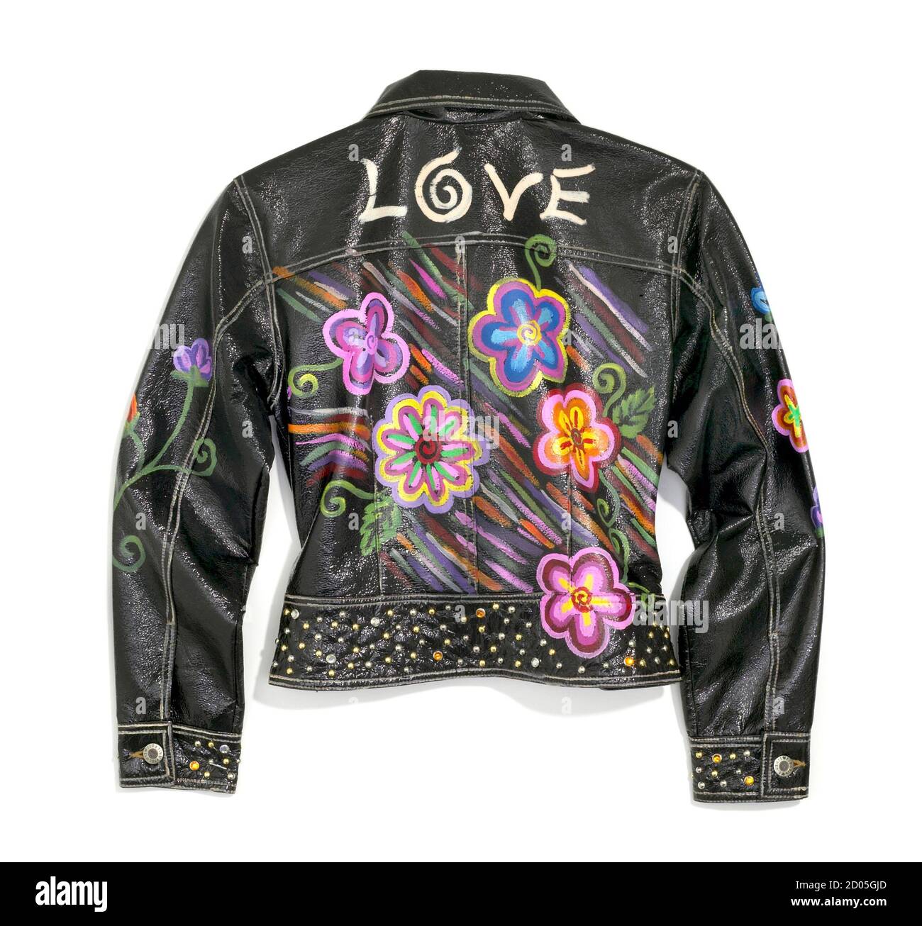 Back view of a black faux leather flower jacket photographed on a white