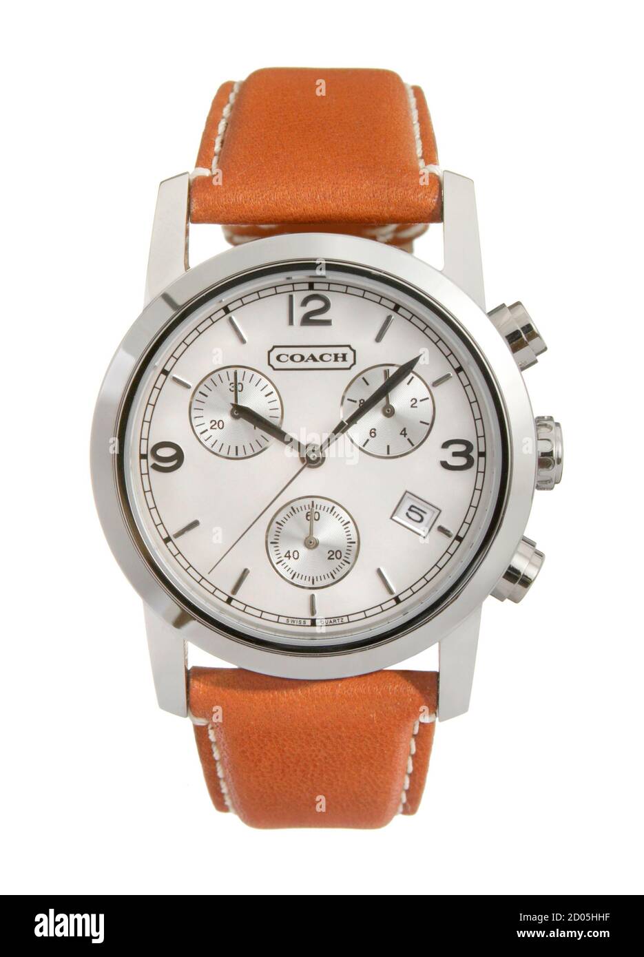 coach watch with a light brown leather strap photographed on a white background Stock Photo