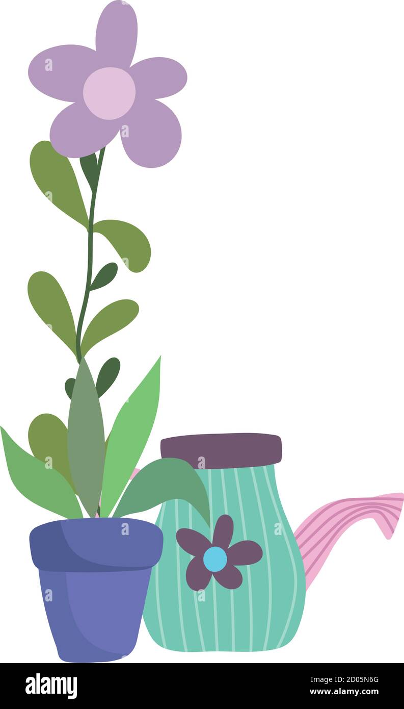 gardening, watering can and flower in pot decoration nature isolated ...