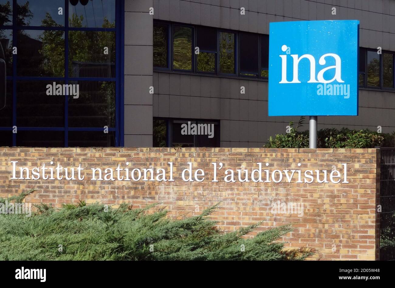 The logo of the INA (National Audiovisual Institute) is seen in front of  the headquarters at Bry-sur-Marne, eastern Paris, September 19 2011. The INA  is a repository of all French radio and