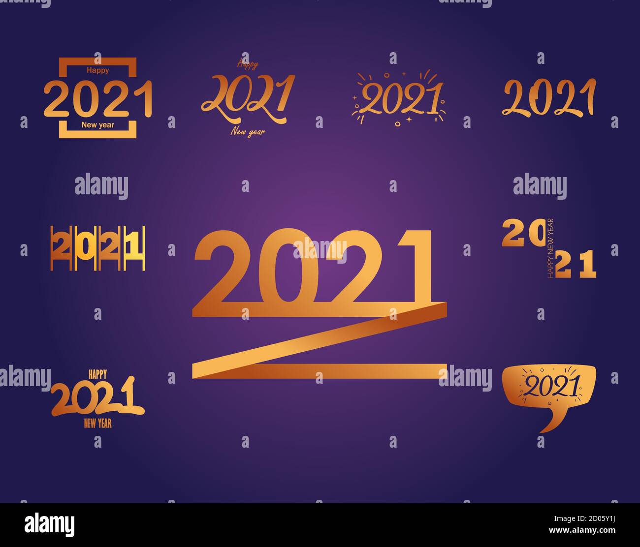 2021 gold gradient style set icons design, Happy new year welcome 