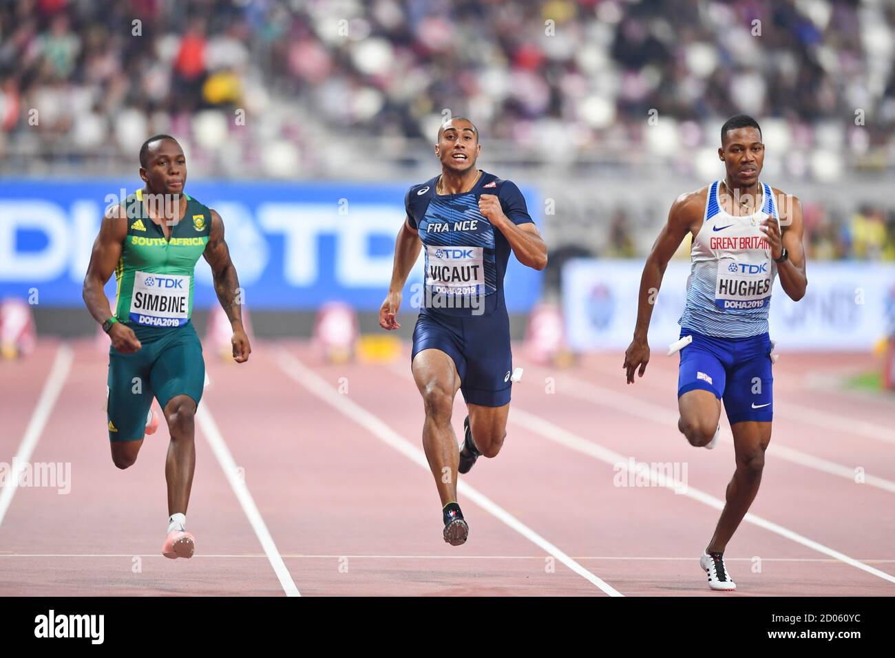Akani Simbine (RSA), Jimmy Vicaut (FRA), Zharnel Hughes (GBR). 100 Metres men, Semifinal. IAAF World Athletics Championships, Doha 2019 Stock Photo