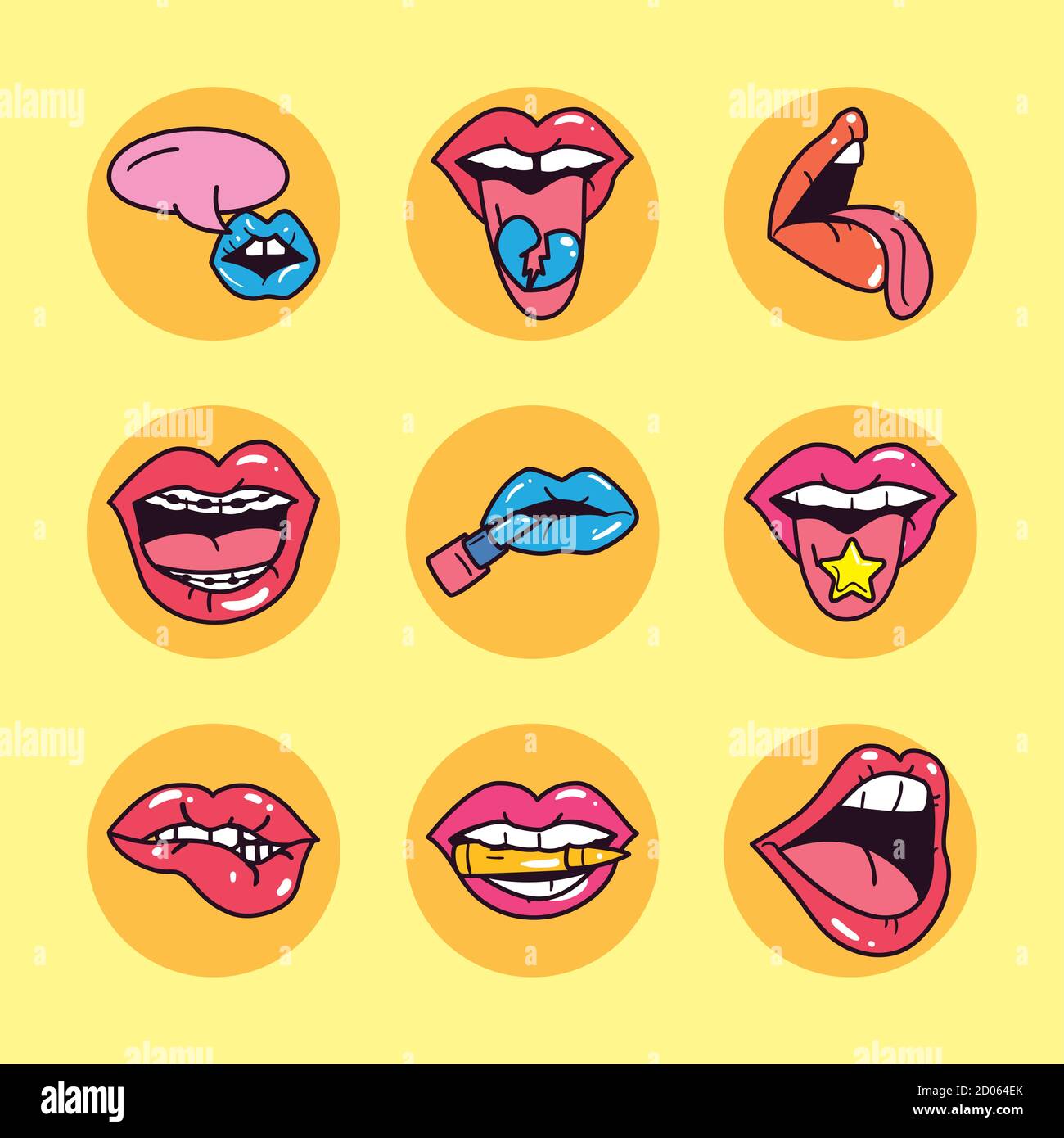 pop art female mouth line and fill style icons group design of retro lips  and expression theme Vector illustration Stock Vector Image & Art - Alamy