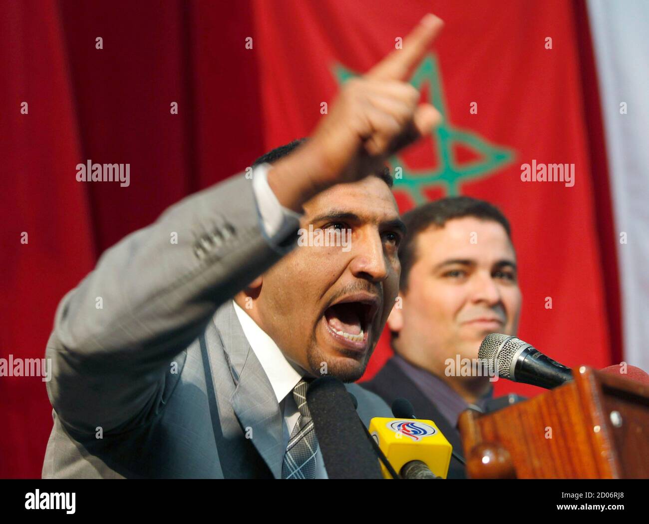 Secretary General of the Socialist Forces Front party (FFS) Karim Tabou delivers a speech during a rally at Atlas Salle in Algiers March 4, 2011.    REUTERS/Louafi Larbi (ALGERIA - Tags: POLITICS) Stock Photo