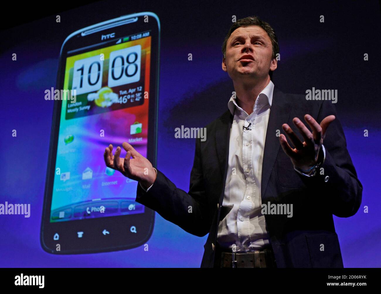 https www alamy com phil blair htcs vice president of product and operations speaks during the launch of htc sensation in london april 12 2011 taiwanese smartphone maker htc unveiled on tuesday a new handset model that offers a library of movies and tv shows via a wide screen that will be available on the vodafone network reutersluke macgregor britain tags business sci tech image378778615 html