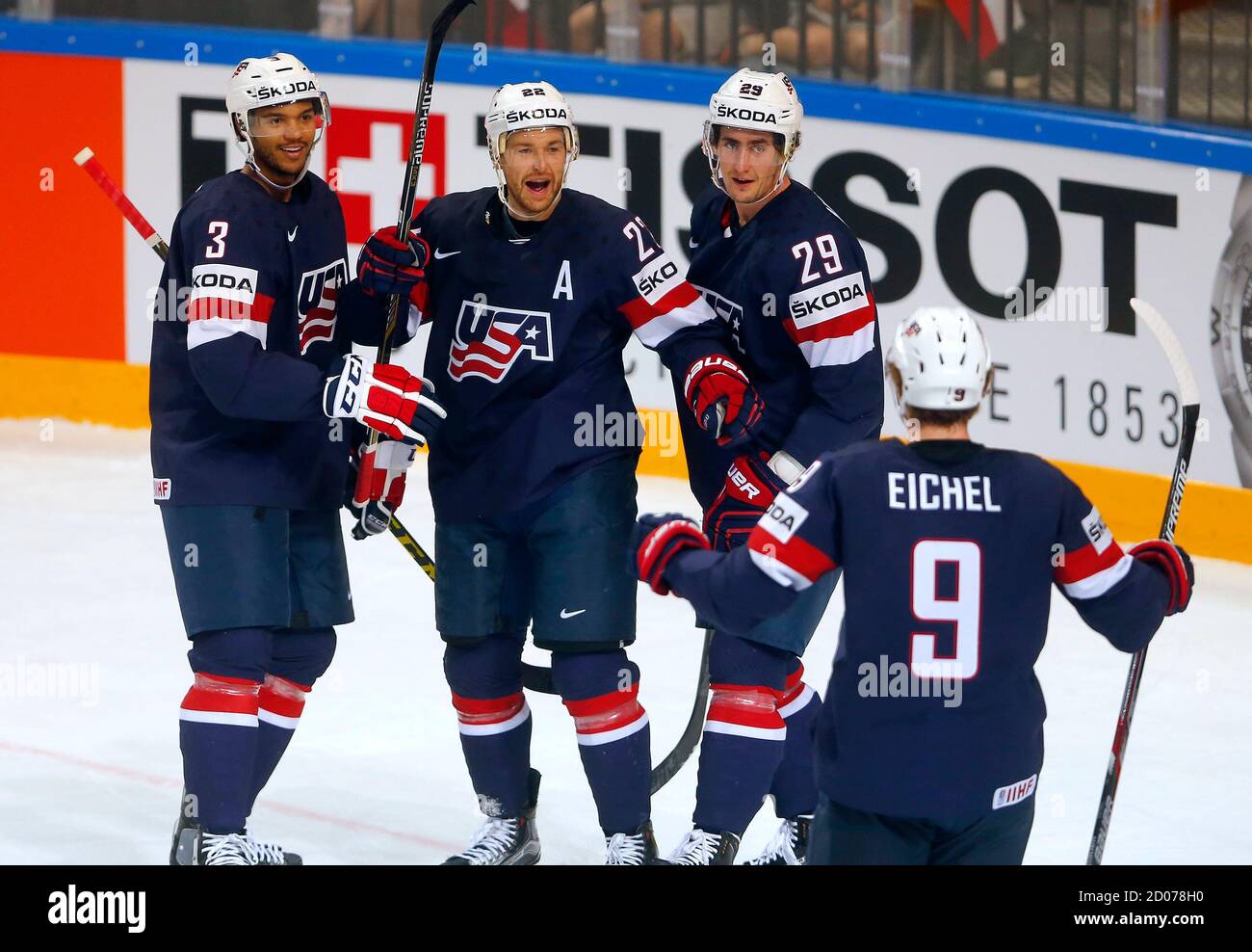 Trevor Lewis (C) of the U.S. celebrates with his teammates Seth Jones (L),  Brock Nelson and Jack Eichel (R) after scoring a goal against the Czech  Republic during their Ice Hockey World