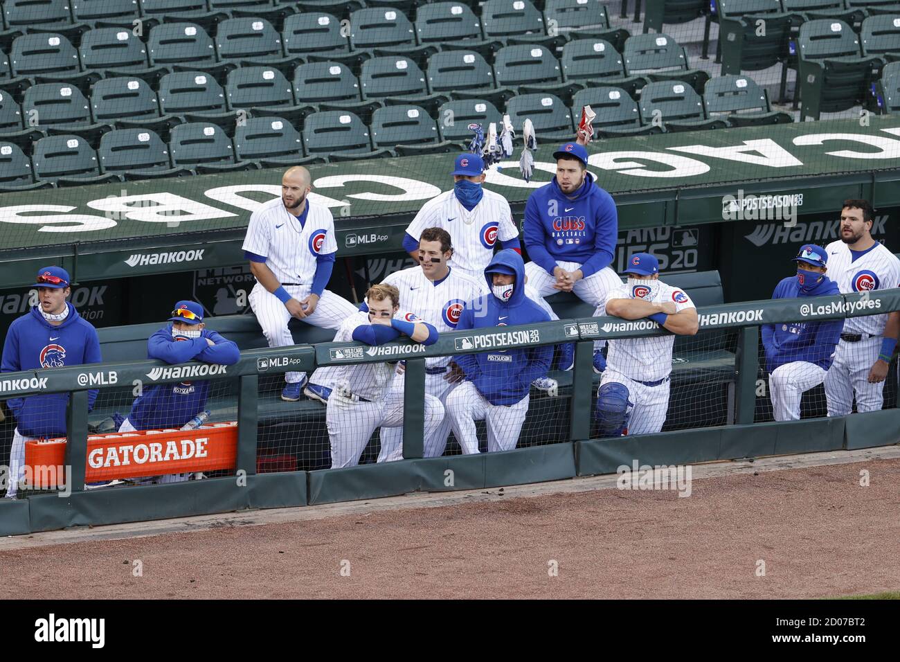 Chicago, United States. 02nd Oct, 2020. Chicago Cubs players look on from  dugout in the eight inning of the NL Wild Card Game against the Miami  Marlins at Wrigley Field on Friday