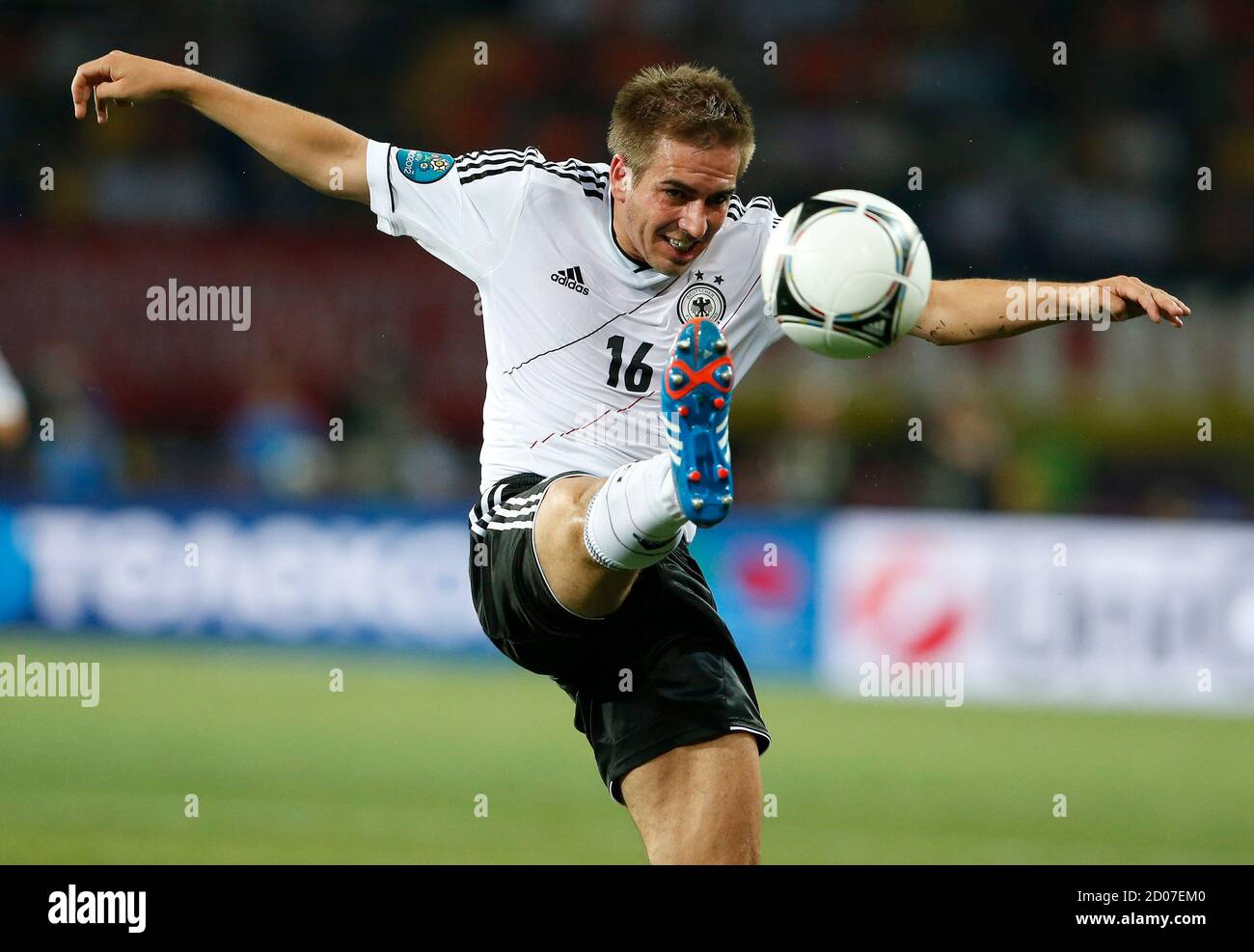 Germany's Philipp Lahm controls the ball during their Group B Euro 2012 soccer match against Netherlands at the Metalist stadium in Kharkiv June 13, 2012.                  REUTERS/Alessandro Bianchi (UKRAINE  - Tags: SPORT SOCCER) Stock Photo