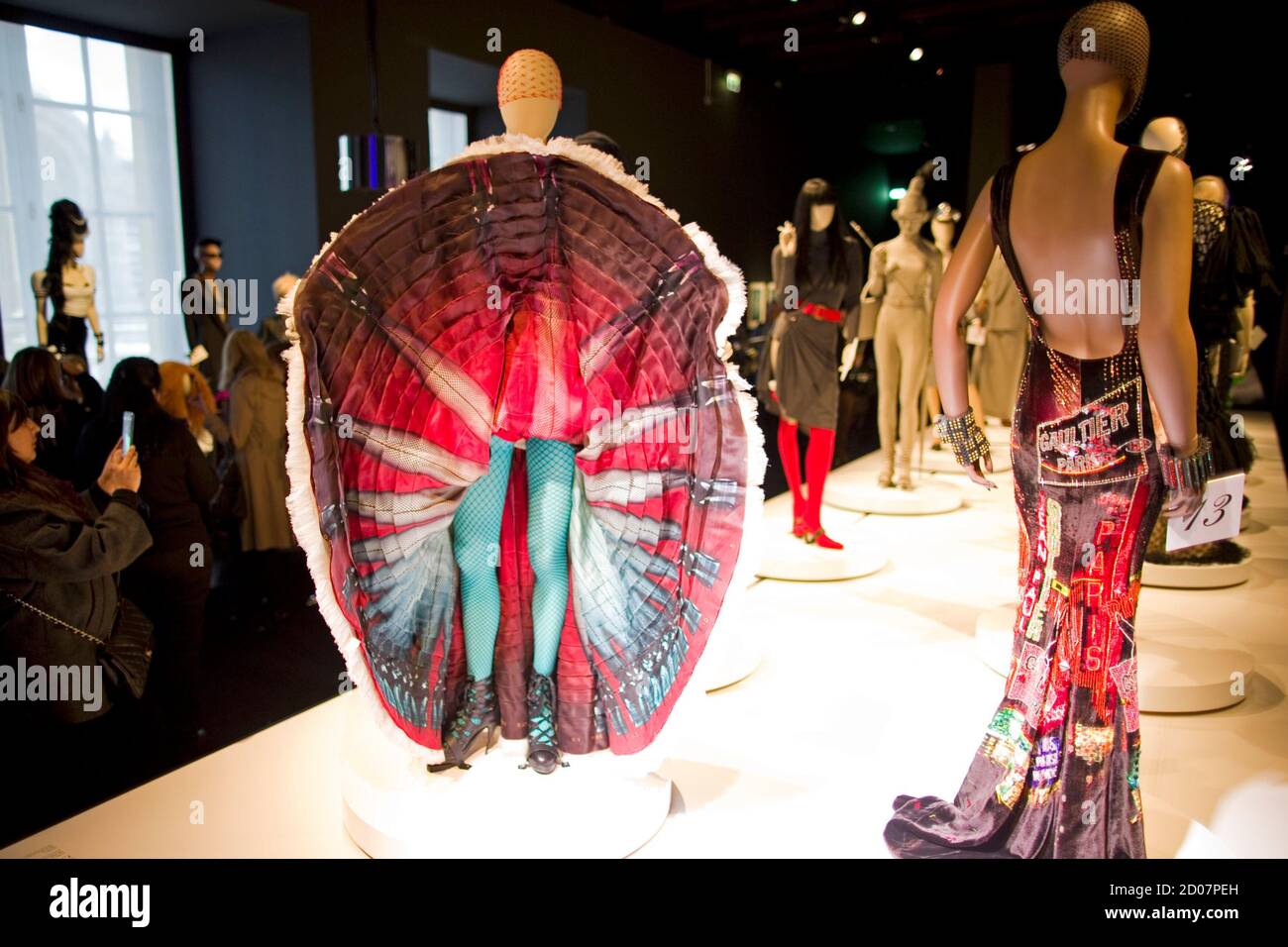 Mannequins displaying creations by designer Jean Paul Gaultier are seen  during the press visit of the Jean Paul Gaultier Exhibition at the Grand  Palais in Paris, March 30, 2015. The Jean Paul