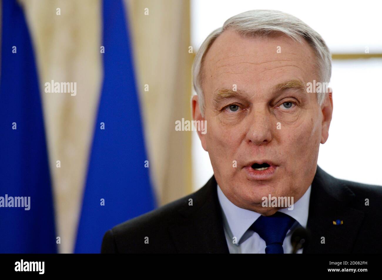 French Prime Minister Jean-Marc Ayrault delivers his New Year wishes to  members of the press at his Hotel Matignon offices in Paris January 18,  2013. Prime Minister Ayrault said on Friday the