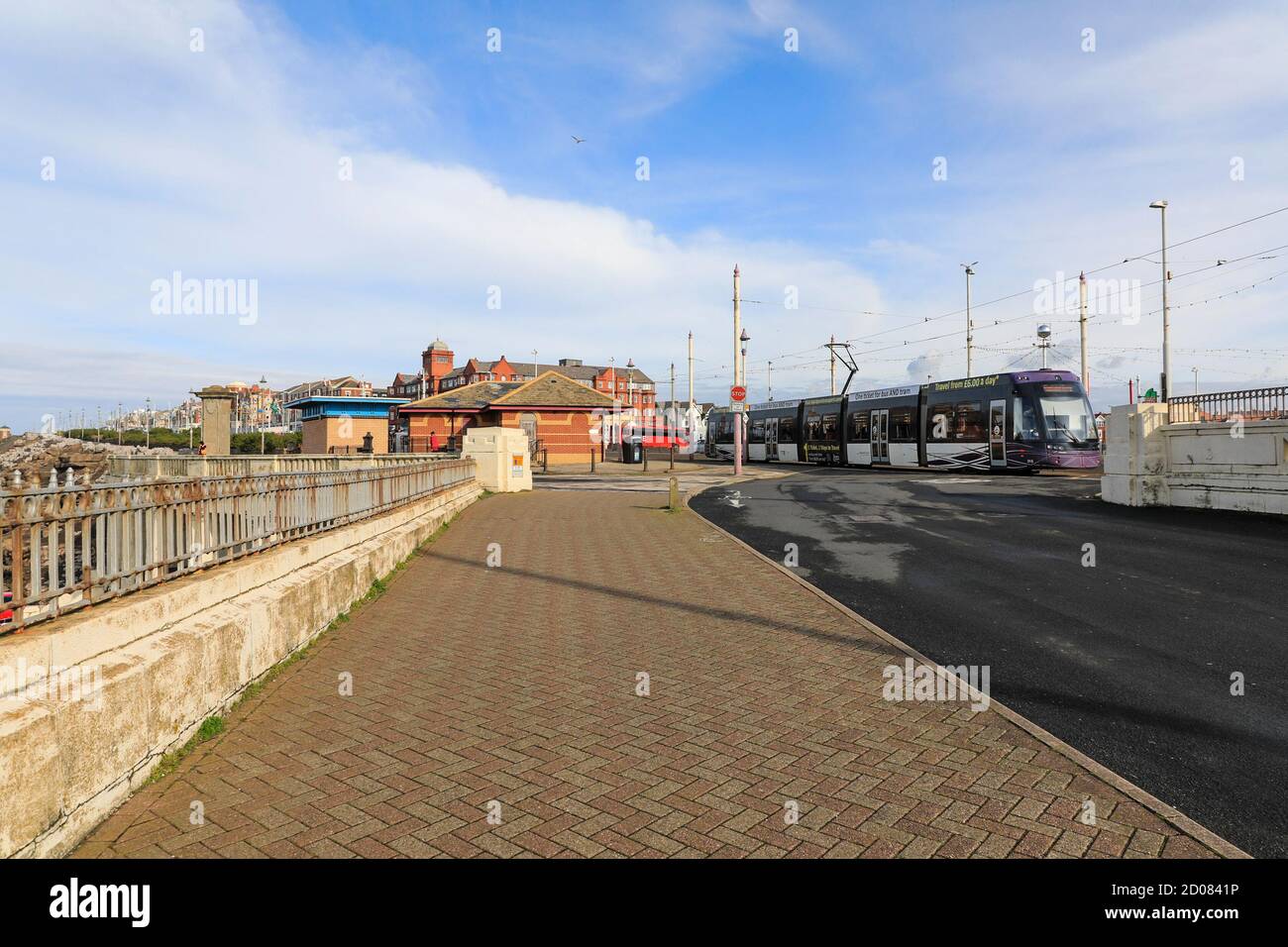 Promenade and tram on the seafront at Blackpool, Lancashire, England, UK Stock Photo