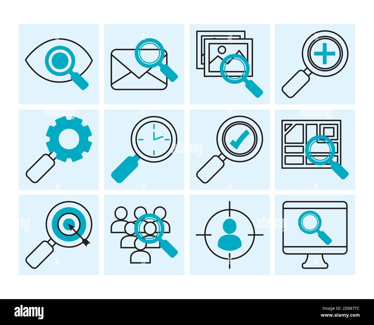 magnifying glass and search icon set over blue background, half line half color style, vector illustration Stock Vector