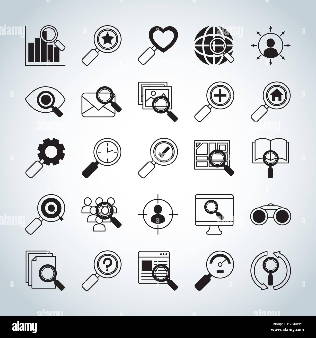 icon set of search and magnifying glass over white background, half line half color style, vector illustration Stock Vector