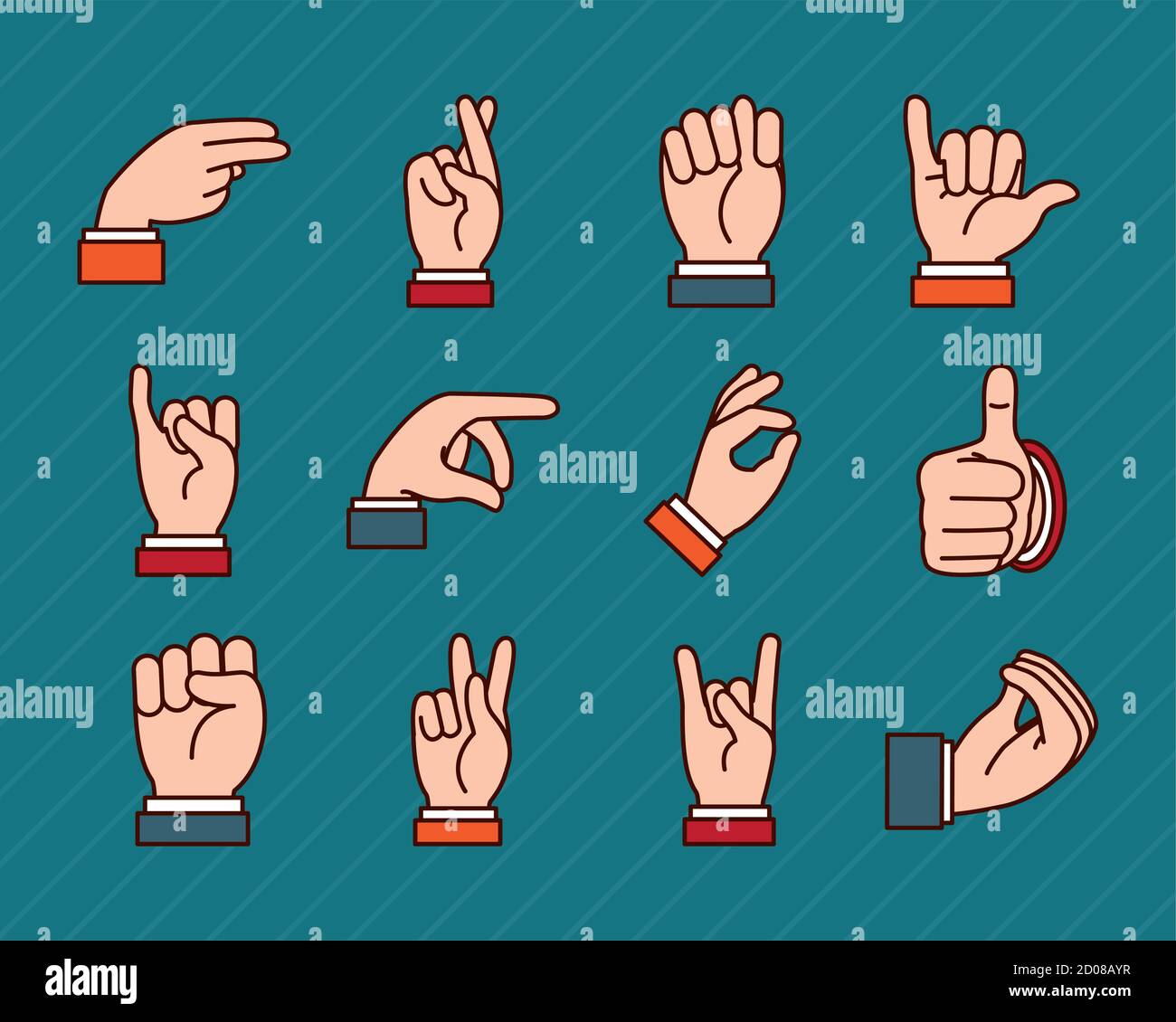 hand signs icon set over blue background, line and fill style, vector