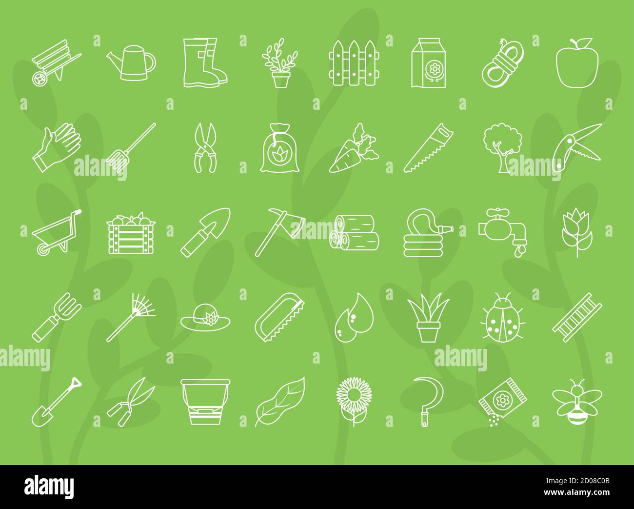 icon set of gardening over green background, line style, vector ...