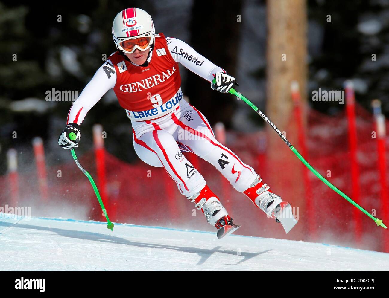 Andrea Fischbacher of Austria makes a turn during the Women's World Cup downhill alpine skiing race in Lake Louise, Alberta December 2, 2011.  REUTERS/Mike Blake   (CANADA - Tags: SPORT SKIING) Stock Photo