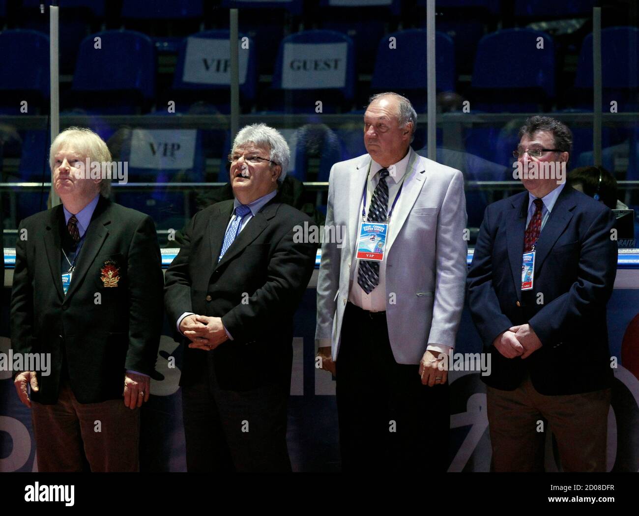 Canadian former professional ice hockey players (L-R) Pat Stapleton, Marsel Dionne, Jocelyn Guevremont and Jean-Paul Parise stand on ice during the starting ceremony for an exhibition ice hockey match to mark the anniversary of USSR-Canada 1972 summit series in Moscow February 25, 2012. REUTERS/Grigory Dukor (RUSSIA - Tags: ANNIVERSARY SPORT ICE HOCKEY) Stock Photo