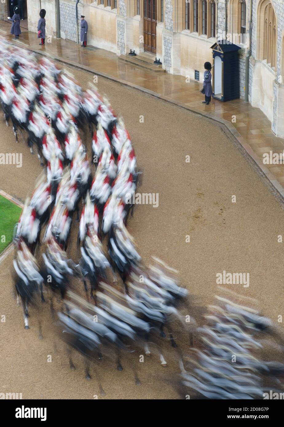 Soldiers march out of the central courtyard after being presented to the Amir of Kuwait, Sheikh Sabah al-Ahmad al-Sabah, in Windsor Castle, in Windsor, southern England November 27, 2012.  The Amir arrived at Windsor Castle at the start of a state visit to Britain.   REUTERS/Leon Neal/Pool     (BRITAIN - Tags: ENTERTAINMENT POLITICS SOCIETY ROYALS) Stock Photo