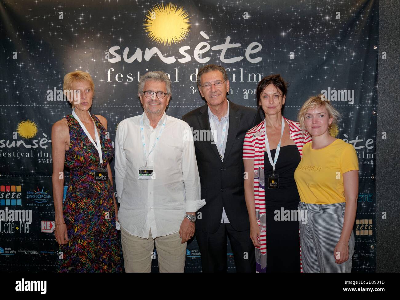 Sete, France.2018.Jeanne Corporon, Bernard Maleterre, Henri Cohen, Coralie Russier, Francoise Cadol in Sunsete Film Festival. Stock Photo